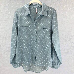 xhilaration Long Sleeve Button Down Blue Shirt with White Polka Dots Size L